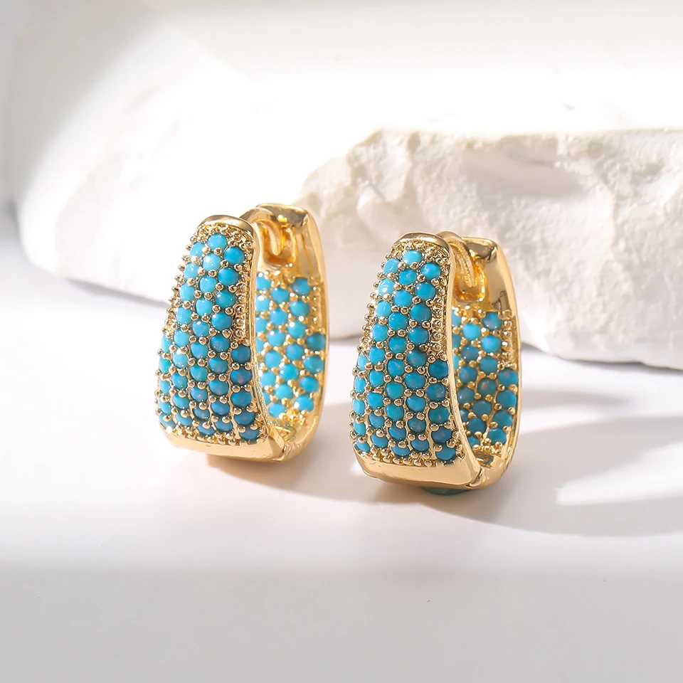 2 Pairs New U-shaped Flowers With Blue Turquoise Earring Exquisite Temperament Ear Buttons For Women Fashion Festival Jewelry image 3