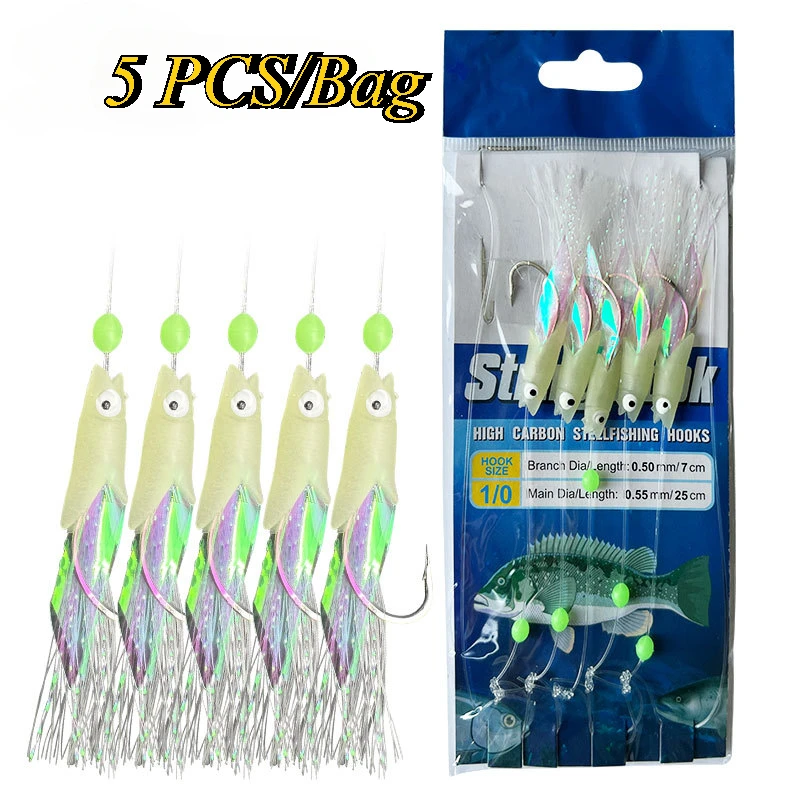 5 pçs/set água salgada isca macia de aço carbono cavala penas baixo bacalhau isca luminosa sabiki equipamentos corda ganchos fio de pesca no.0-4
