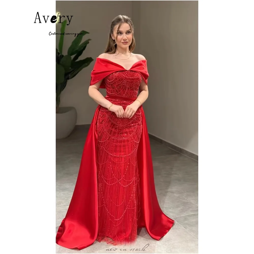 

Avery Custom Red Beaded Off-shoulder Floor Length Evening Luxury Dress 2025 Evening Dresses Wedding Woman Party Dresses D/party