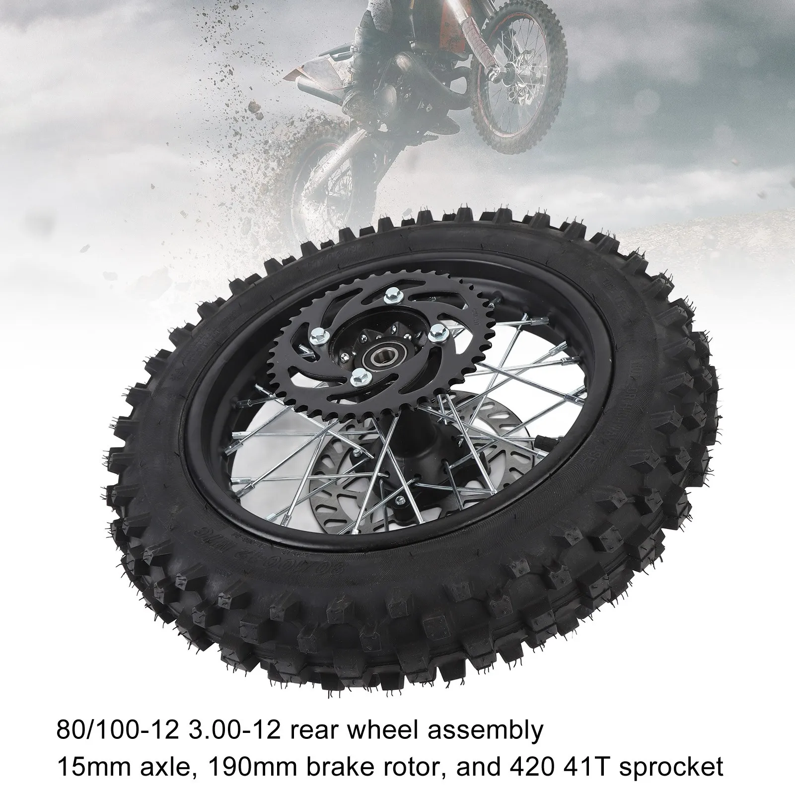 80/100-12 Rear Wheel Rim Enhanced Grip Anti Aging Rear Wheel Rim Tire Assembly Improved Traction with Brake Rotor for Dirt Bike