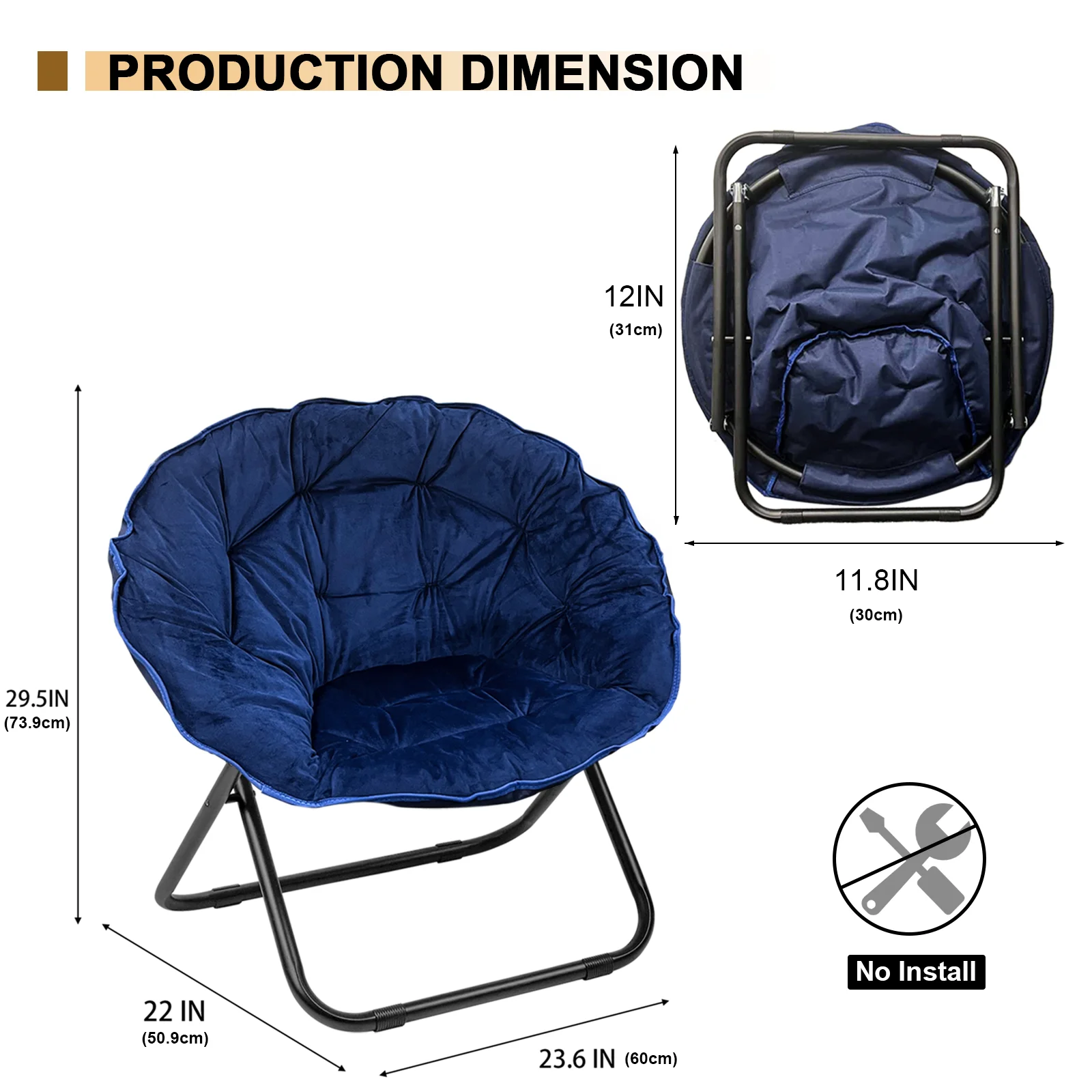 Grezone Round Foldable Saucer Chair, Moon Chair with Metal Frame for Bedroom