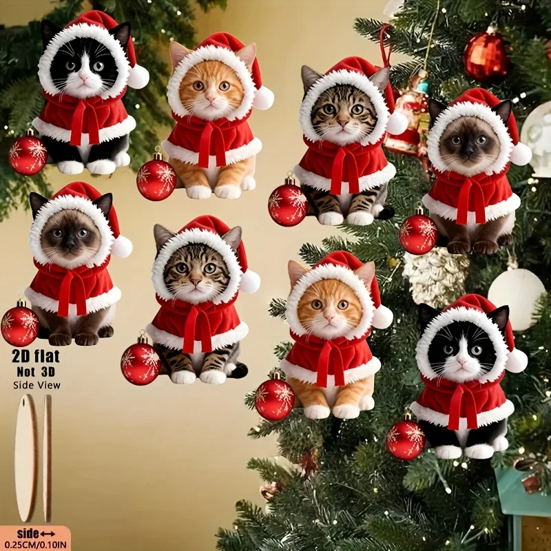 8/16 zufällig ausgewählte Kätzchen-förmige Ornamente mit Weihnachtsmützen, flache 2D-Feiertagsanhänger, Holz-Hängedekorationen, geeignet für Bäume, Heimdekoration, Partys und Weihnachtsgeschenke – Detail 1