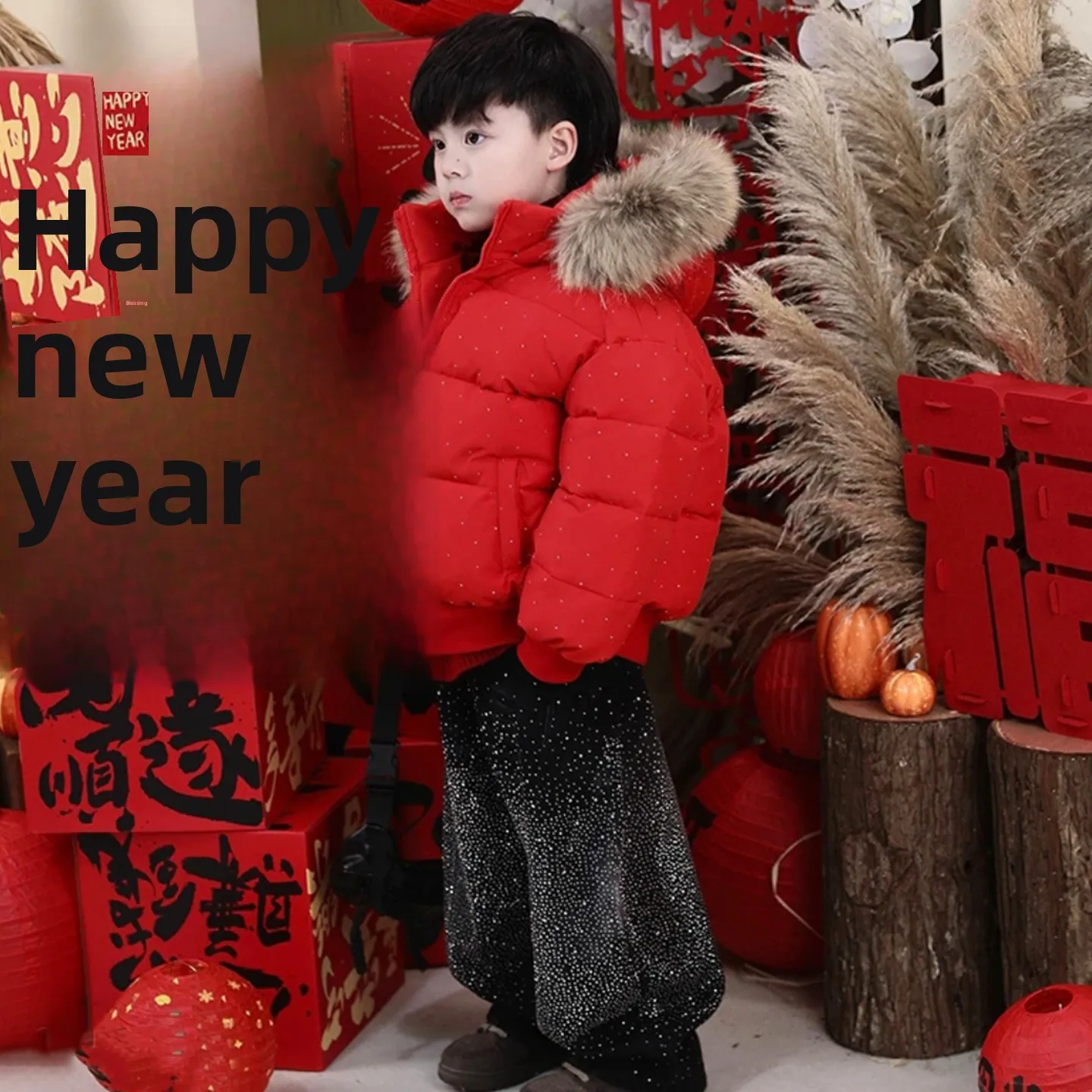 

Boys Thiened Winter Cotton Jaet Red down Coat Fur Collar New Year Clothes Stand Fit Home Wear Long Sve Zipper Closure