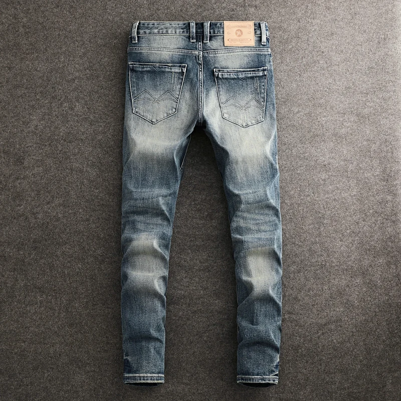 

Designer Fashion Men Jeans High Quality Retro Washed Blue Stretch Slim Fit Ripped Jeans Men Y2K Vintage Denim Pants Hombre