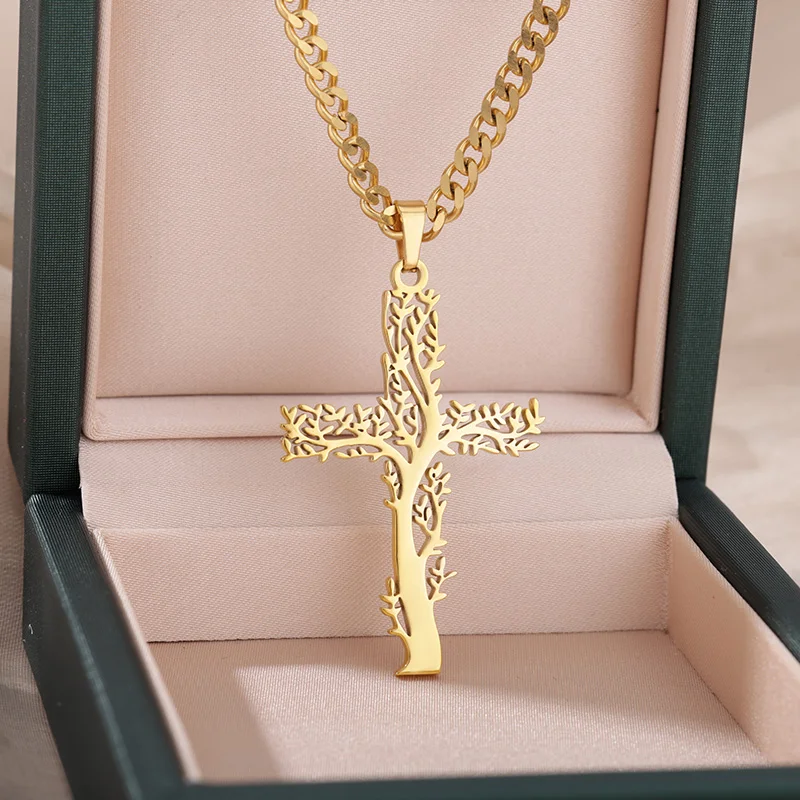 Zircon Cross Pendant Necklace for Women Gold Plated Stainless Steel Collar Necklaces 2023 Trend Christmas Jewelry free shipping