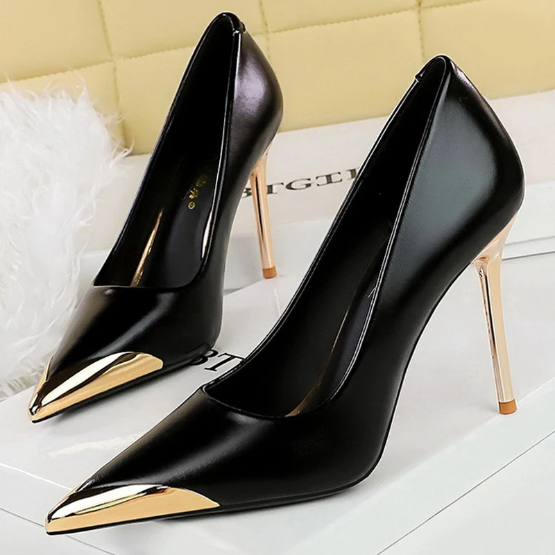 BIGTREE Shoes Retro High Heels Metal Pointed Tip Women Pumps Stiletto 9.5 Cm And 4.5cm Heels Sexy Party Shoes Office Shoes