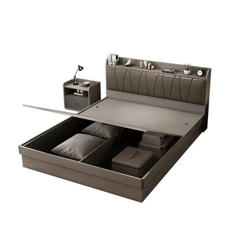 

Deluxe LED bed tatami frame luxury storage saves wooden plank style