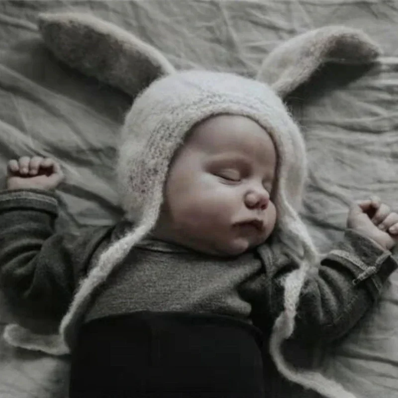 Newborn Rabbit Ear Hat Autumn and Winter Soft Wool Strap Ear Hat Kawaii Male and Female Baby Plush Long Earless Beanie