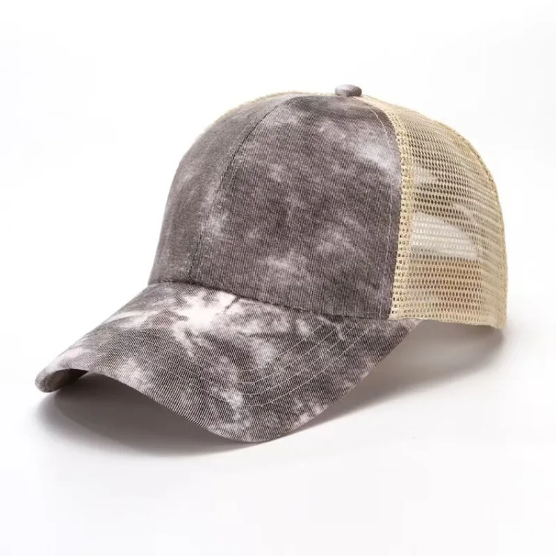 Women Rear Cross Mesh Ponytail Baseball Cap Tie Dye Leopard Print Sunscreen Gauze Cap Summer Sports Breathable Adjustable