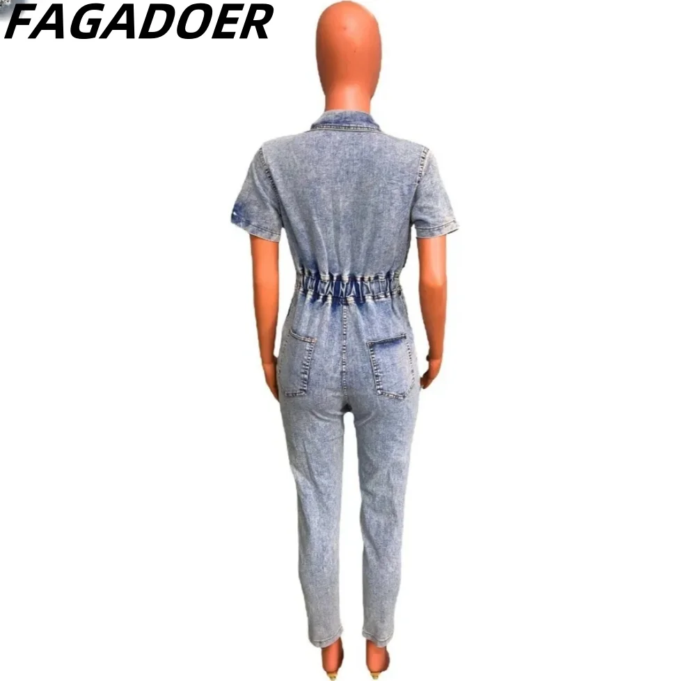 FAGADOER Light Blue Denim Fashion Drawstring Jumpsuits Women Turndown Collar Short Sleeve Button Playsuits Casual Cowboy Overall