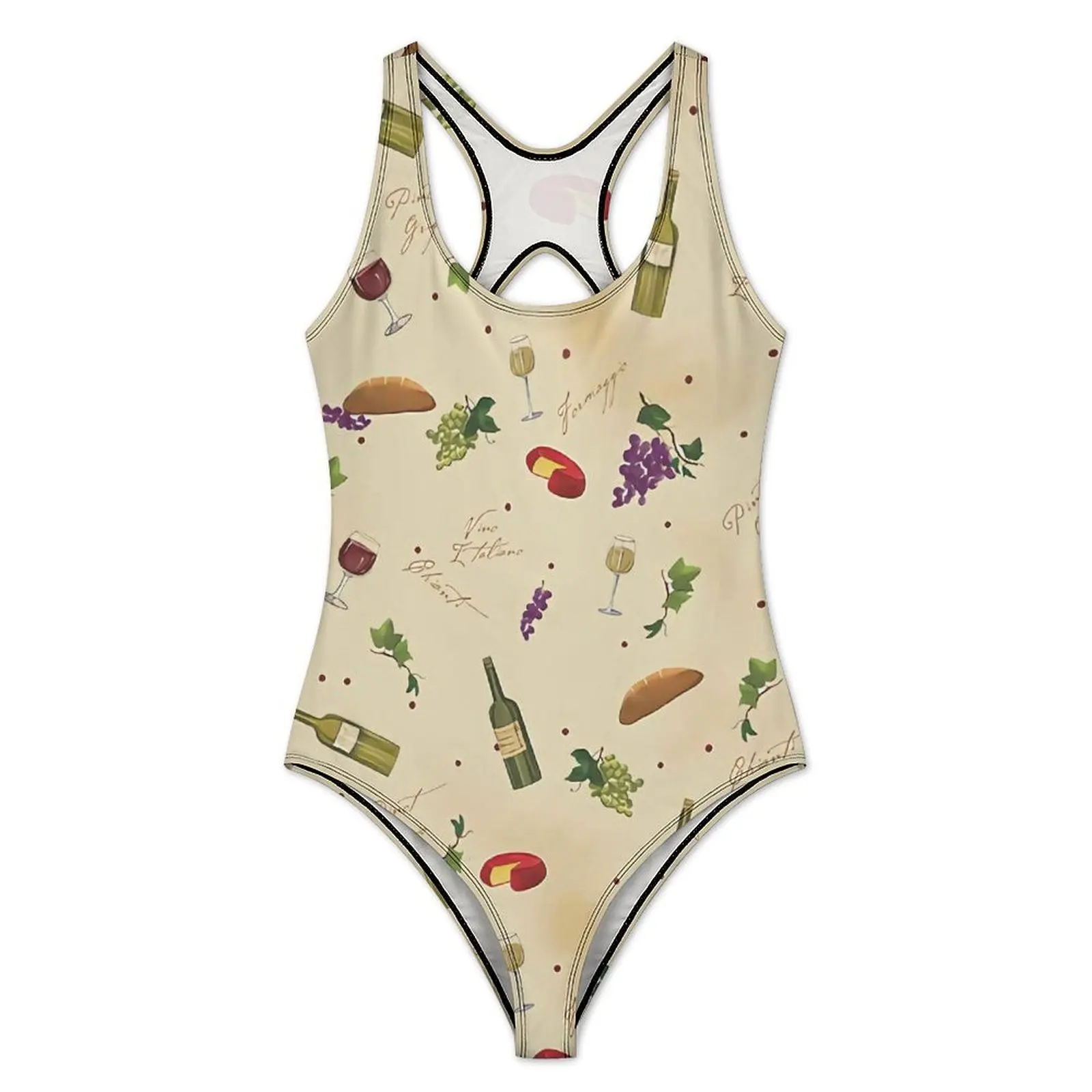 Wine Pattern Swimsuit Funny Food Print Swimwear One-Piece Holiday Pool Swimsuits Backless Monokini Woman Push Up Sexy Beachwear