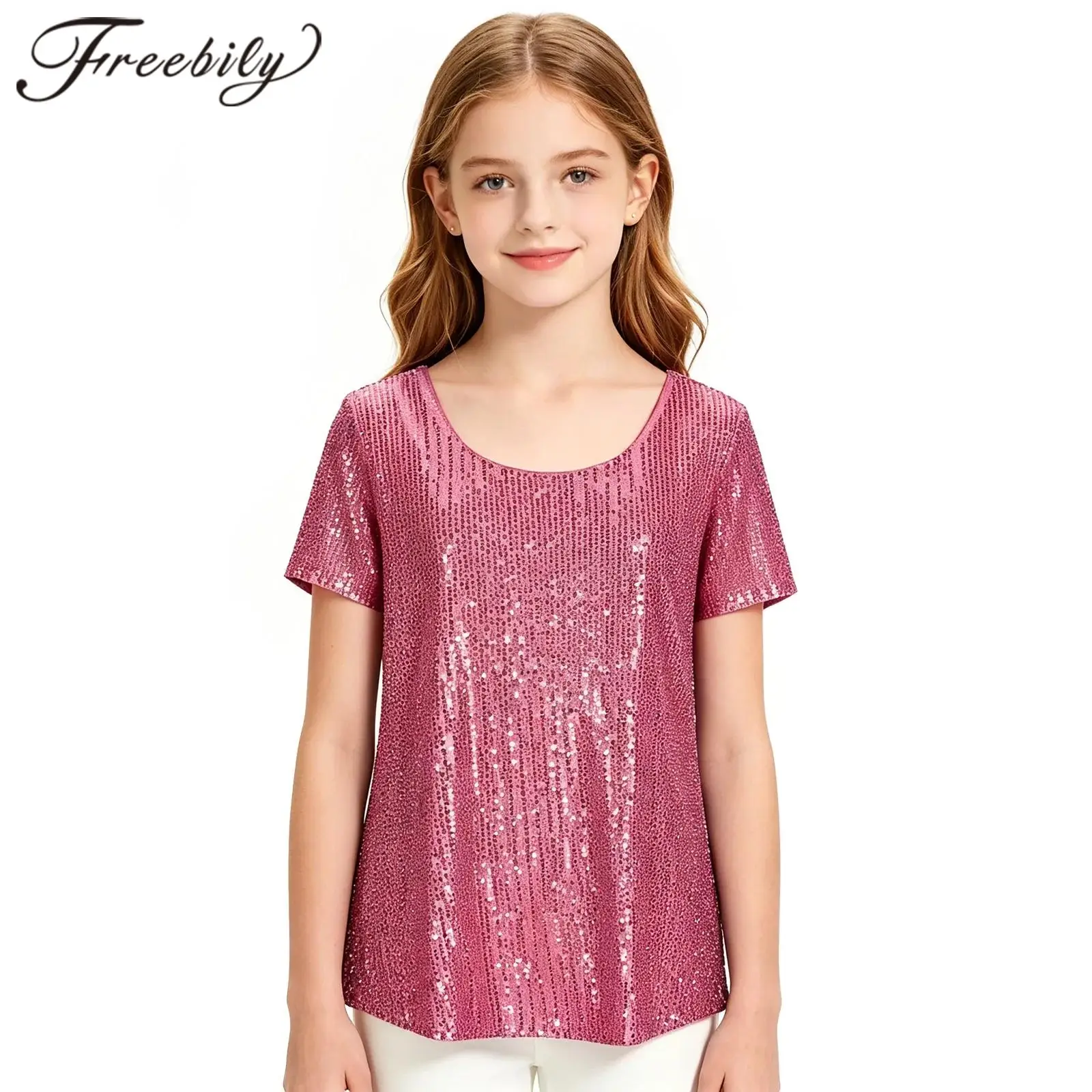 

Children's Jazz Dance Performance Costume Kids Short-sleeve T-Shirt Disco Tops Glittery Dancewear Girls Sparkling Sequin Top