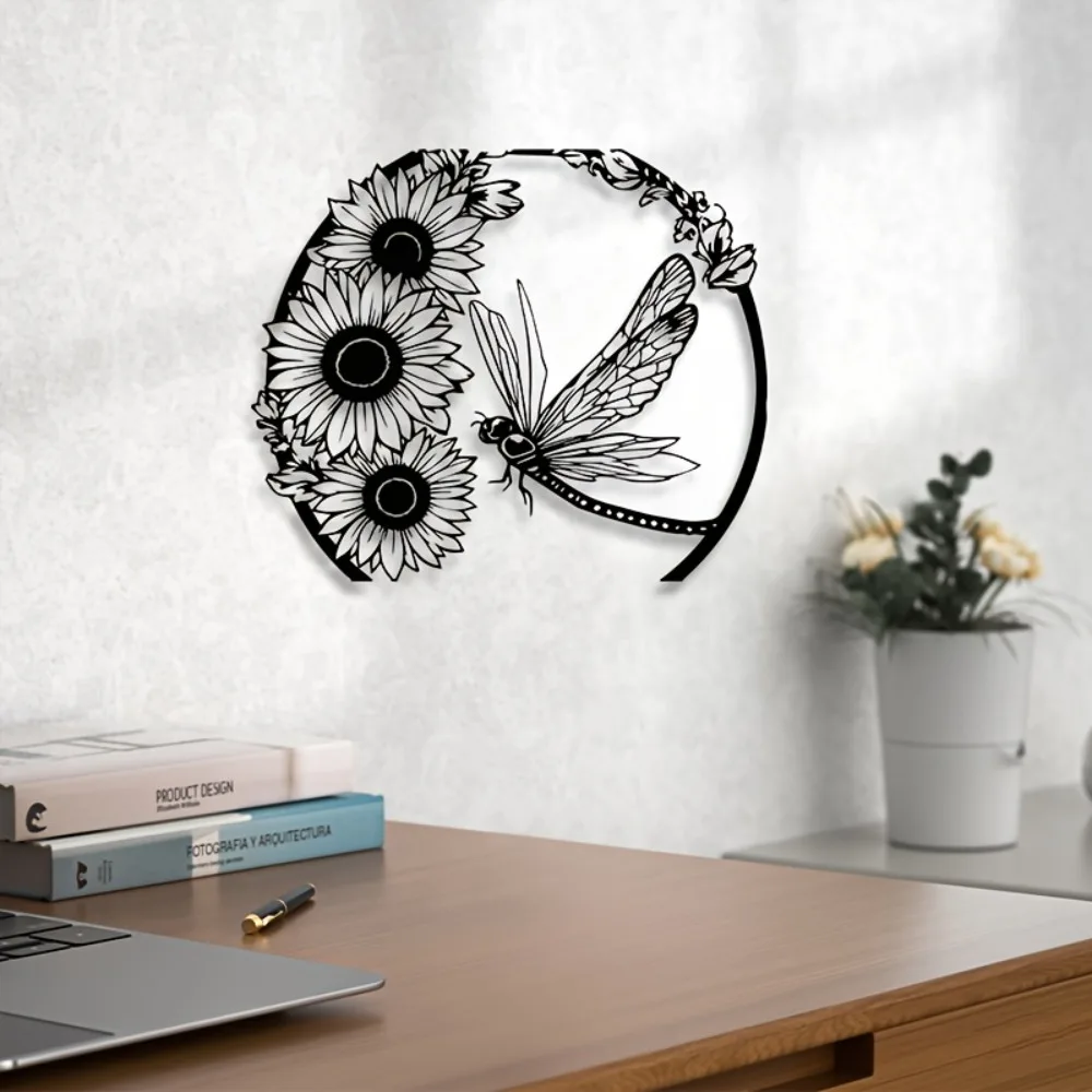 Metall-Schmuckskulptur Libelle und Sonnenblume, Pulverbeschichtete Metallskulptur für Haus und Garten, Ostergeschenk