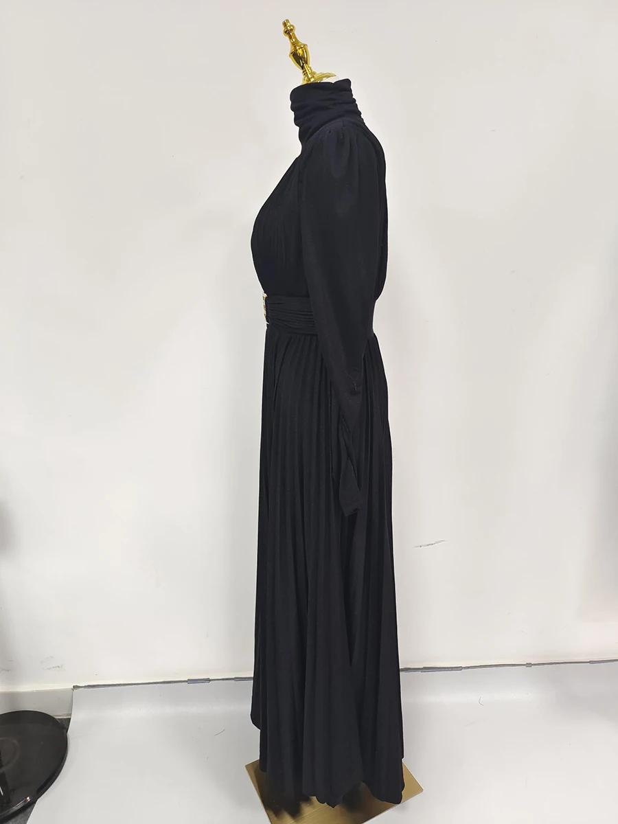TWOTWINSTYLE Solid Spliced Belt Slimming Dresses For Women O Neck Long Sleeve High Waist Temperament Long Dress Female Clothes