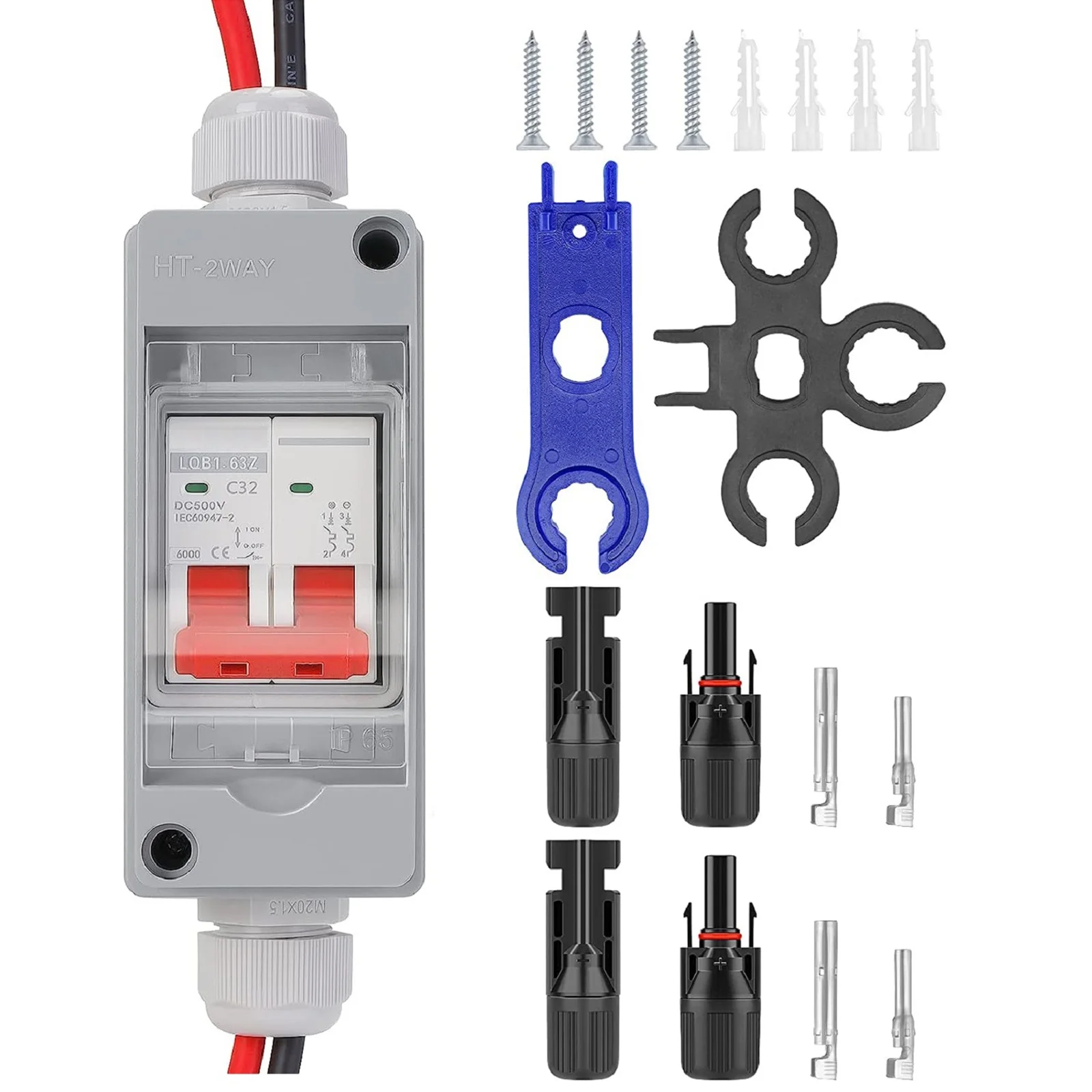 Photovoltaic DC Isolator Switch DC500V 32A PV System IP65 Waterproof Photovoltaic Wrench PV Terminals Kit Circuit Breakers
