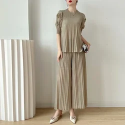 Miyake Pleated Summer 2023 Temperament Two Piece Set Slim Nail Beads Short Sleeve Top Loose Casual Wide Leg Pants Set