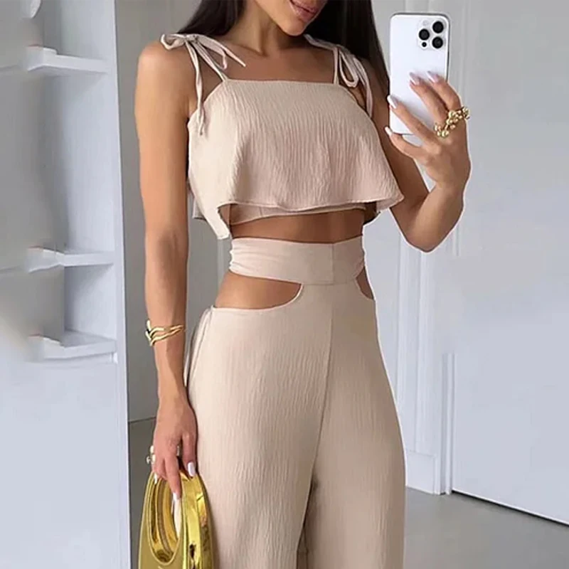 Wefads Sets For Women 2 Pieces Summer Fashion Solid Sleeveless Sling Lace Up Short Top Loose High Waist Wide Legs Cutout Pants