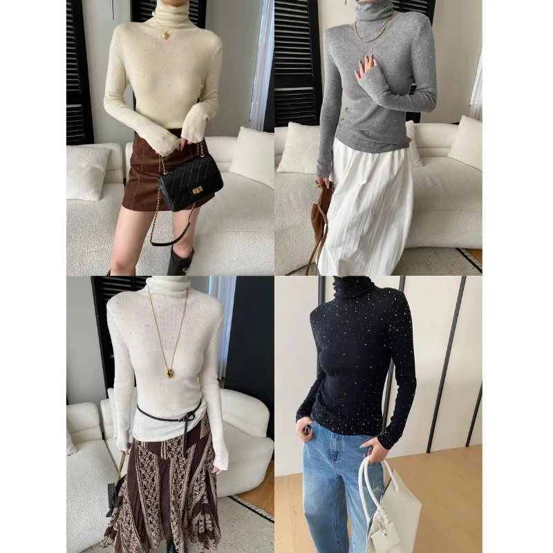 New French Style High-End High-Neck Slim-Fit Knit Base Shirt Beige Turtleneck Long Sleeve Slim Fit Knit Top With For Women XT85