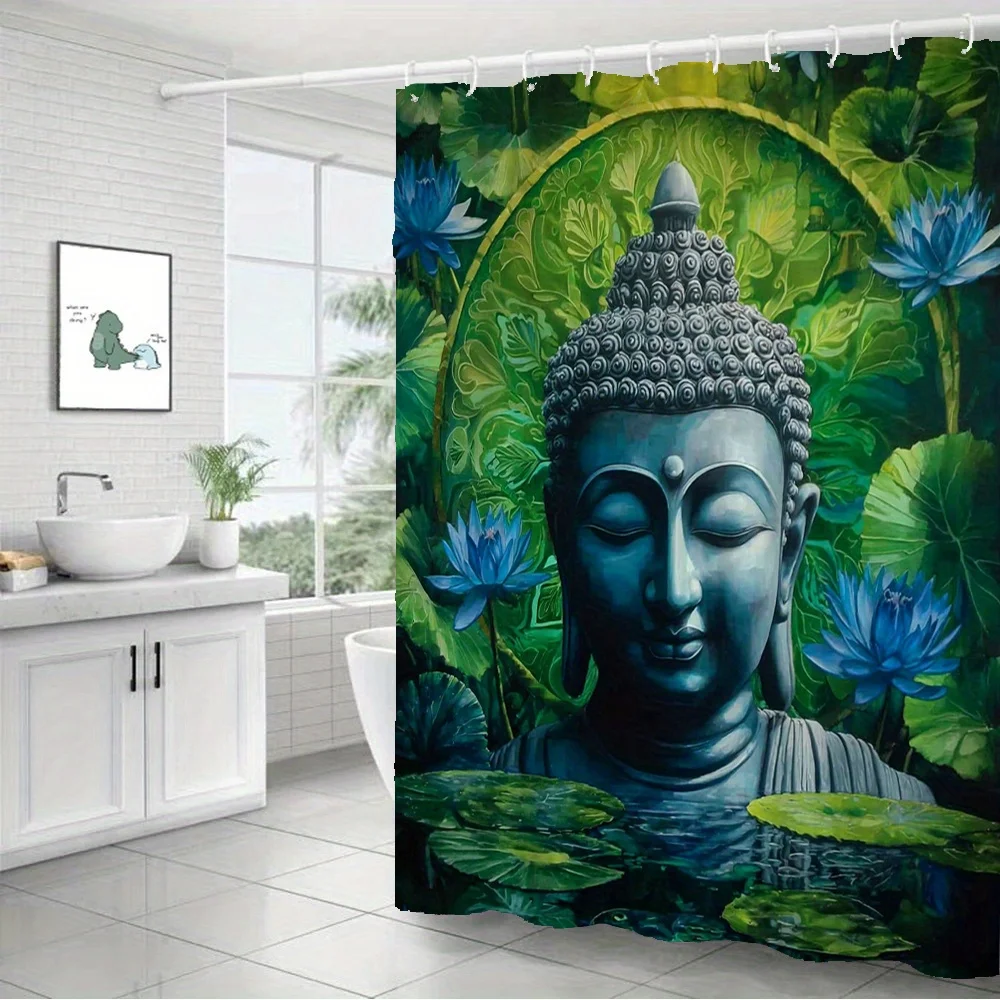 Blue Serenity Buddha Shower Curtain  Meditating Face in Lotus Pond Vibrant Green Leaves  Blue Lotuses, 12 Hooks 70.87×70.87 inch