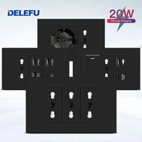 DELEFU Panel retardante de llama SC31 4*2 negro estándar italiano USB tipo C interruptor de enchufe de pared de carga rápida TV teléfono CAT5 CAT6