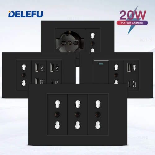 DELEFU Panel retardante de llama SC31 4*2 negro estándar italiano USB tipo C interruptor de enchufe de pared de carga rápida TV teléfono CAT5 CAT6