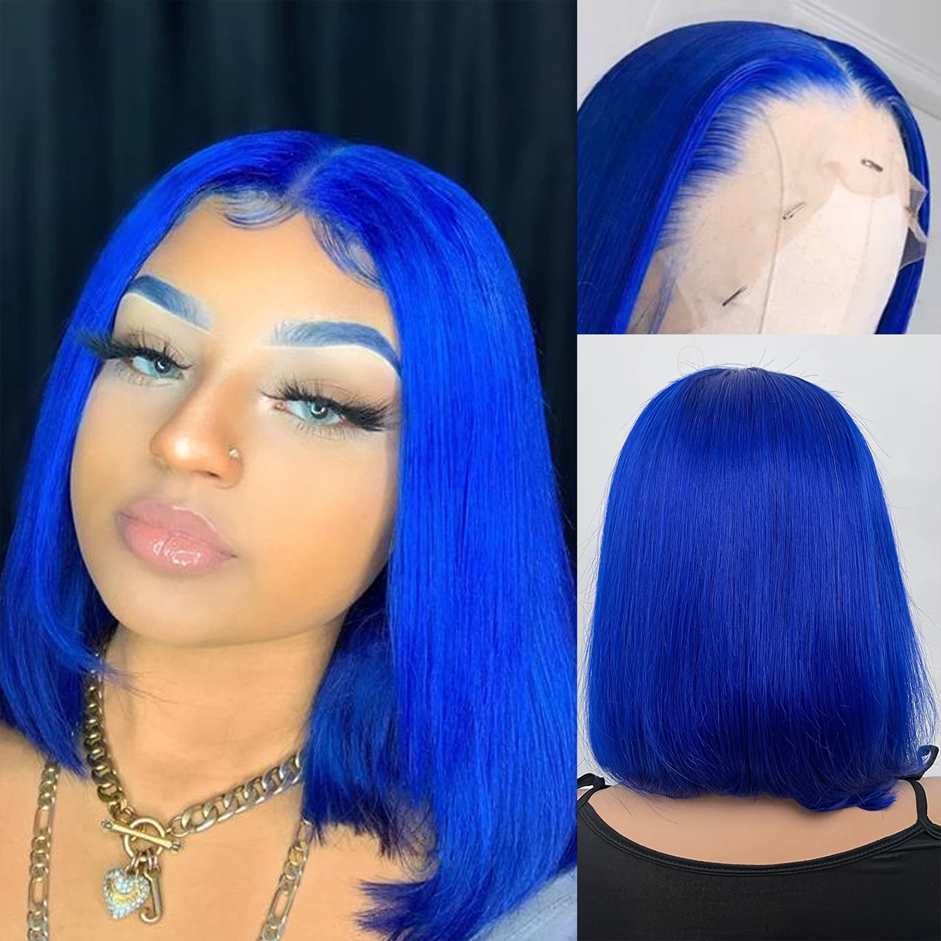 

Синий Боб Парик Человеческих Волос 13x4 Парик Фронта Шнурка Предварительно Сорванный Прозрачный Кружева Королевский Синий Короткий Прямой Цветной Парик Боб для Женщин