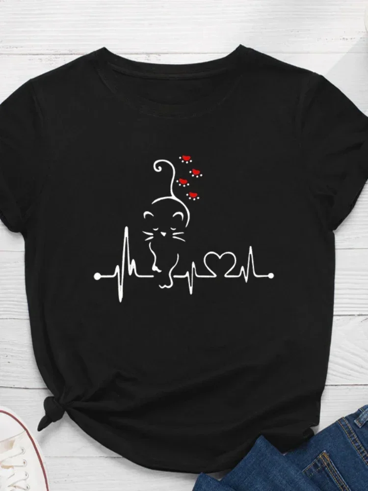 

2024 Cat Heartbeat Print Women T Shirt Short Sleeve O Neck Loose Women Tshirt Ladies Tee Shirt Tops Clothes Camisetas Mujer y2k