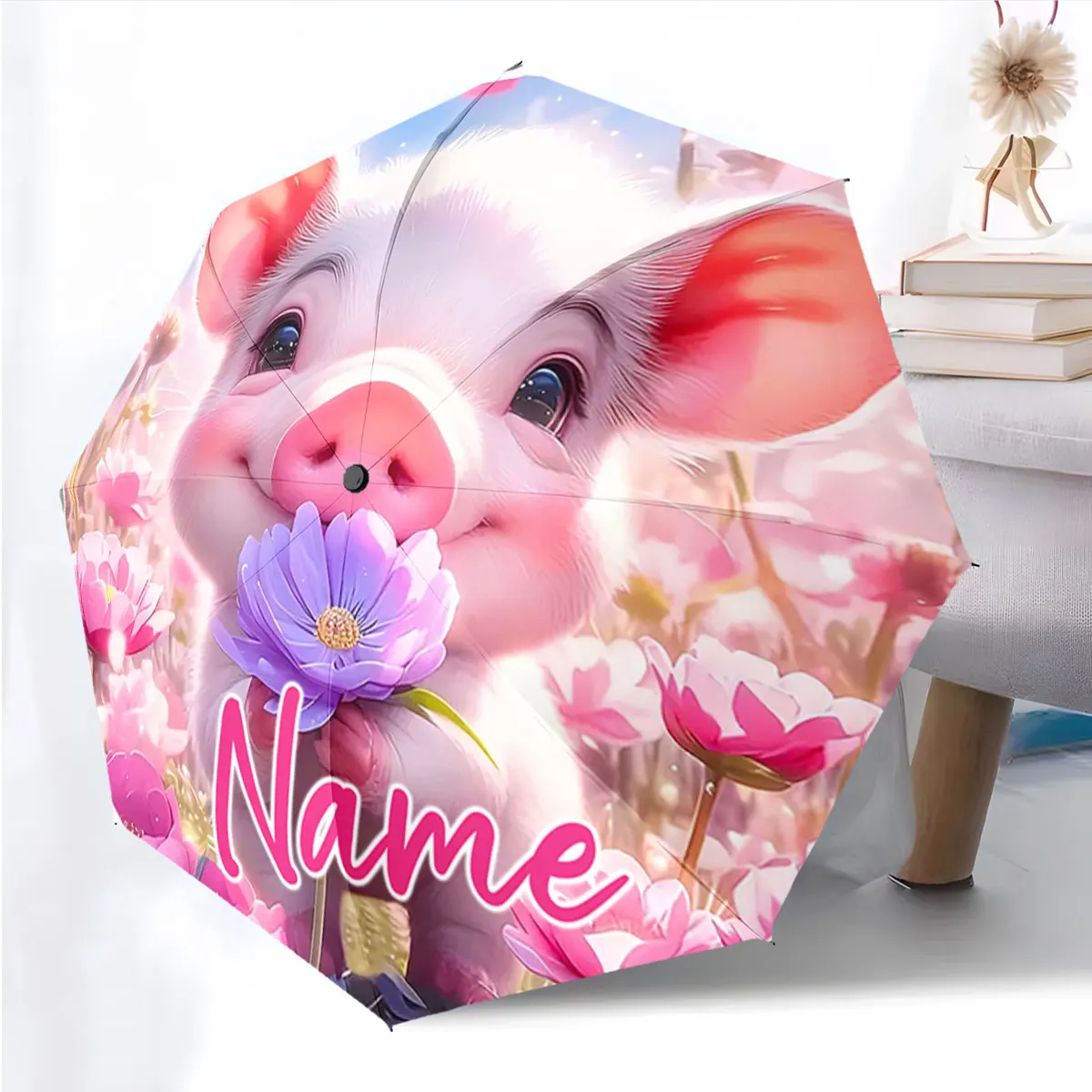 Custom Name Umbrella Charming Piglet Umbrella with Floral Design Print 8 Iron Ribs Folding Umbrella Auto-Open Fashion Sunshade