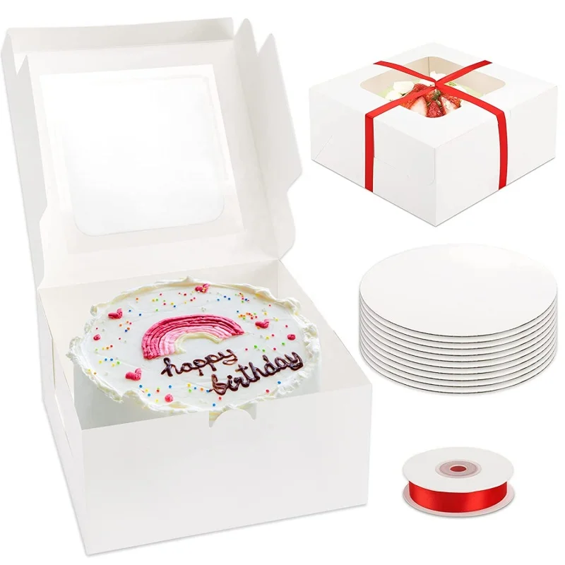 

Ribbon customizationCake Boxes 10 Sets 10x10x5 Inches Cake Boxes Sets with Red Ribbons