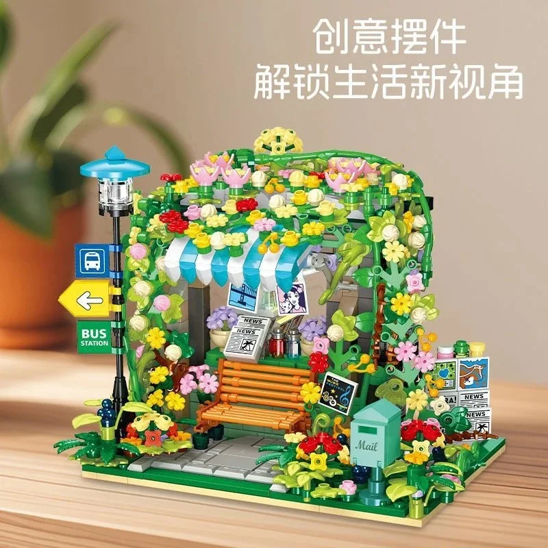 JJ9197 Floral Themed Newsstand Bus Stop Building Blocks City Street View Model With LED Light Kit Desktop Display DIY Assembly
