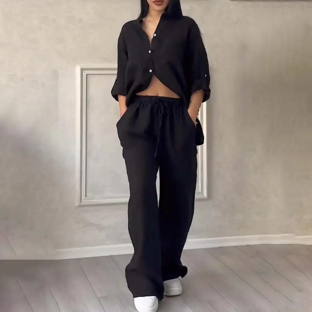 Cotton And Linen Women Shirt Pants Set Solid Color Long Sleeve Shirt Wide Leg Pants Chest Pocket Suit Set Blouse Trousers Set