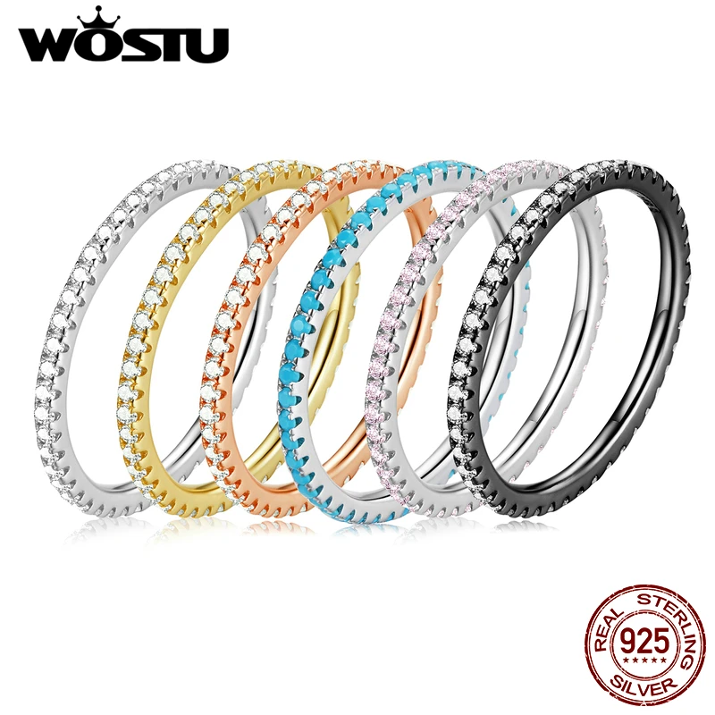 WOSTU-Simples Geométrica Rodada Empilhável Anéis de Dedo para As Mulheres, Genuine 100% 925 Sterling Silver, Jóias de Noivado Único, CQR066