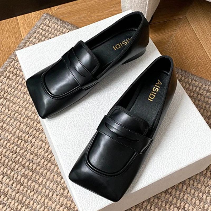 Women's Shoes Fashion Black Square Toe Leather Shoes Designer Loafers for Women New Comfortable Elegant Casual Shoes Women Shoe
