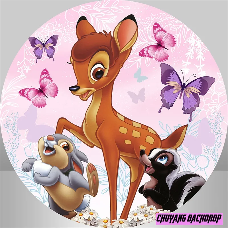 Disney Bambi Deer Pink Butterfly Round Circle Backdrops Photography Baby Shower Girls Birthday Party Backgrounds Banner