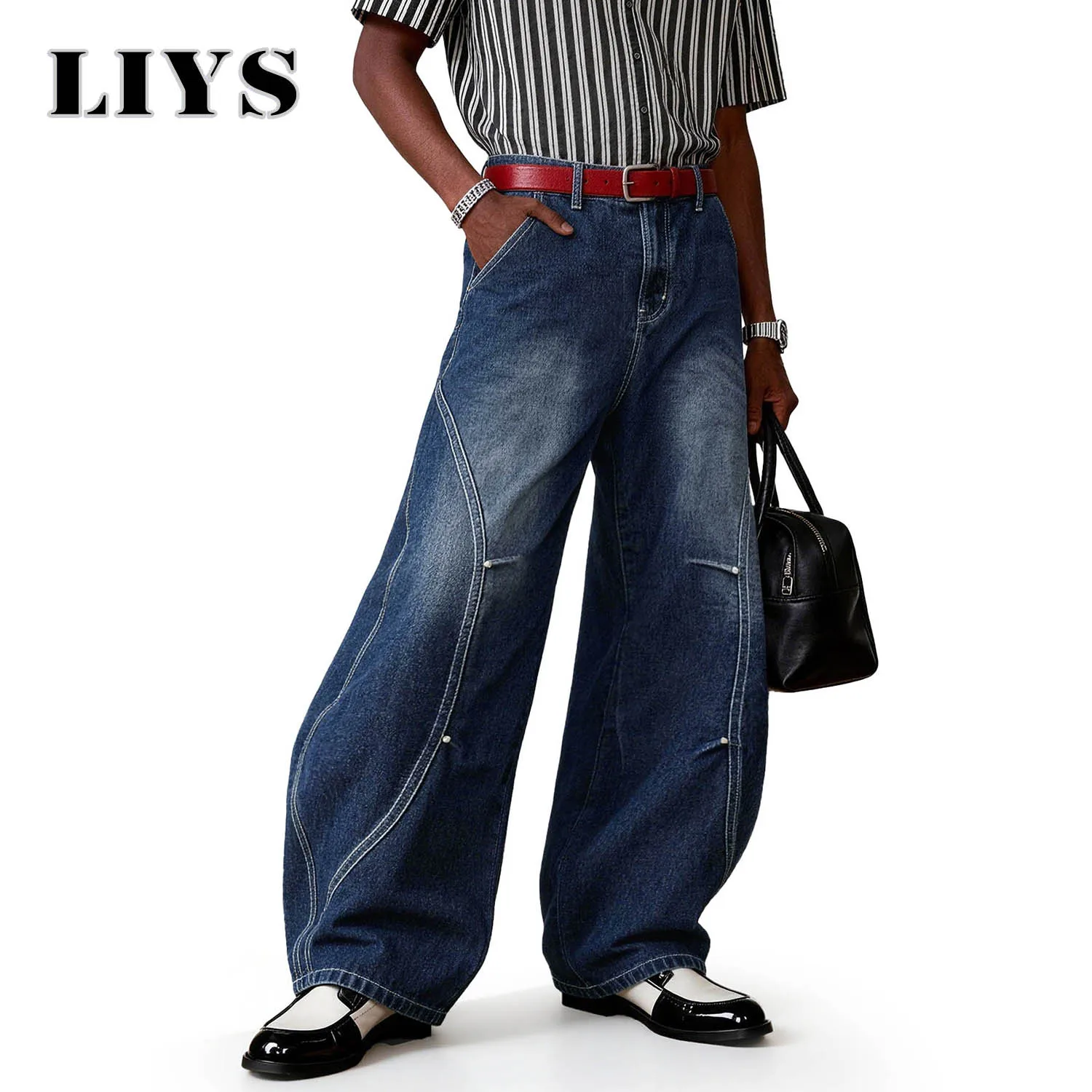LIYS Amerikanische Blaue Patchwork Ultra Baggy Weite Jeans Frühling Sommer Retro Mittelhohes Bein mit Nieten Denim-Hose Laternen-Ballonhose ﻿