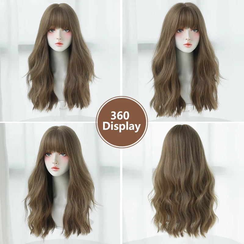 7JHH WIGS Body Wavy Wig Long Loose Curly Brown Wig for Women Daily Use High Density Synthetic Layered Hair Wigs with Bangs