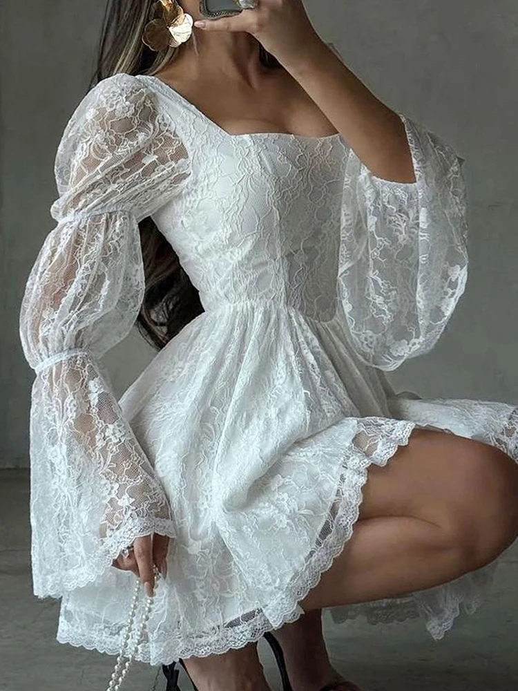 캐주얼 연근 소매 파티 드레스 가을 우아한 스퀘어 칼라 케이크 A라인 드레스 섹시한 레이스 자수 솔리드 화이트 미니 드레스