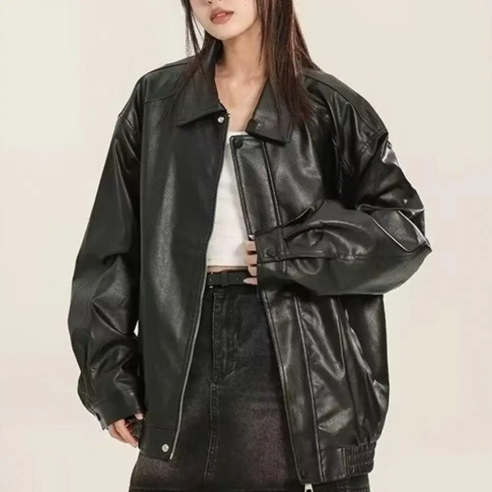 Women Faux Leather Jacket Long Sleeves Turn-down Collar Loose Fit Zipper Pocket Solid Color Vintage American Oversized Ladies