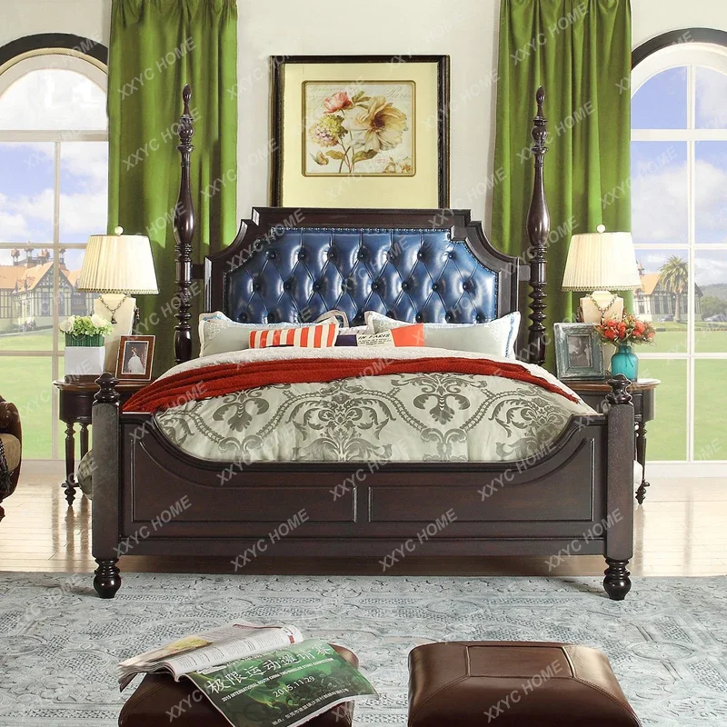 TT Soft solid wood pillar double bed leather art bed light luxury