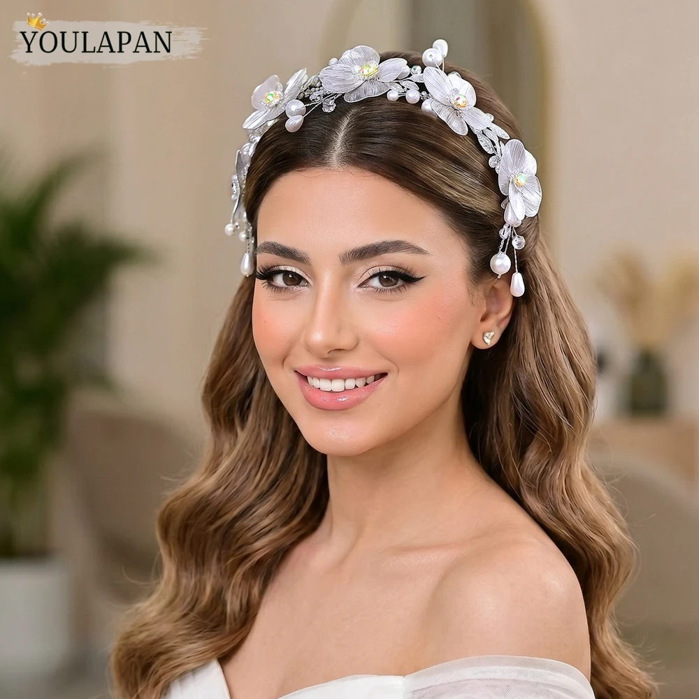 YouLaPan French Elegant Bridal Flower Headband Silver Color Alloy Headwear Pearl Crystal Wedding Party Hair Accessories A311