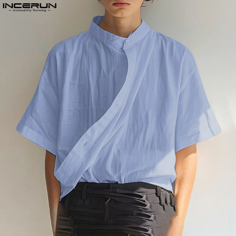 

INCERUN Tops 2024 Handsome New Men Stand Neck Slanted Placket Design Shirts Casual Simple Male Solid Medium Sleeved Blouse S-5XL