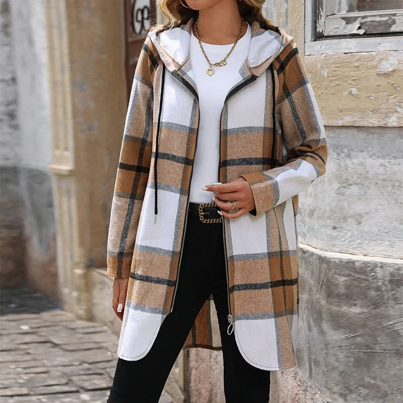 Women\'s Retro Classic Plaid Long Jacket, Hooded Warm Coat, Loose Checkered Shirt Jackets, Button, Autumn, Winter, New, 2024