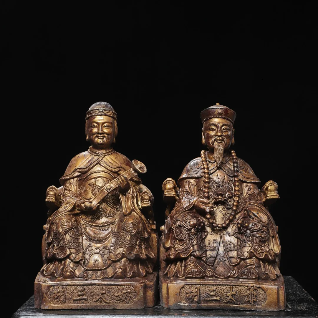Old Bronze Gilded Cinnabar Uncle Hu San Hu Santai Milk Sitting Buddha Immortal a set Worship Hall
