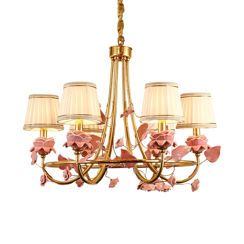 

European Baroque Brass Fabric Pendant Lamp Living Room Hotel Villa Luxury Luminaire French Classic Copper Chandelier