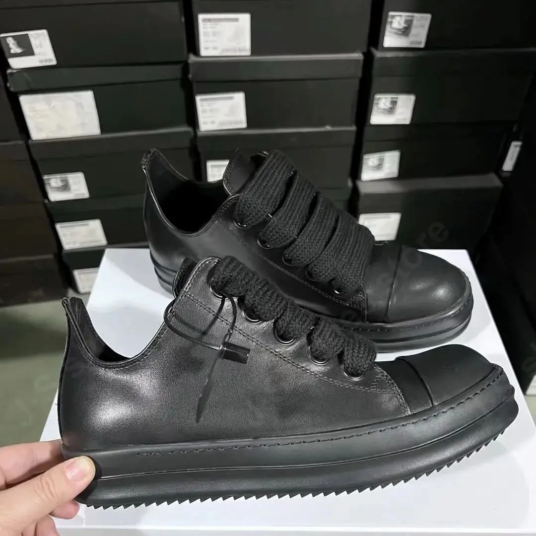 Ricks Full Black Leather Shoes Low Top Casual Shoe Owen Men Shoe Owens Women Sneaker Cowhide Flat Shoe Jumbo Laces Men Sneakers