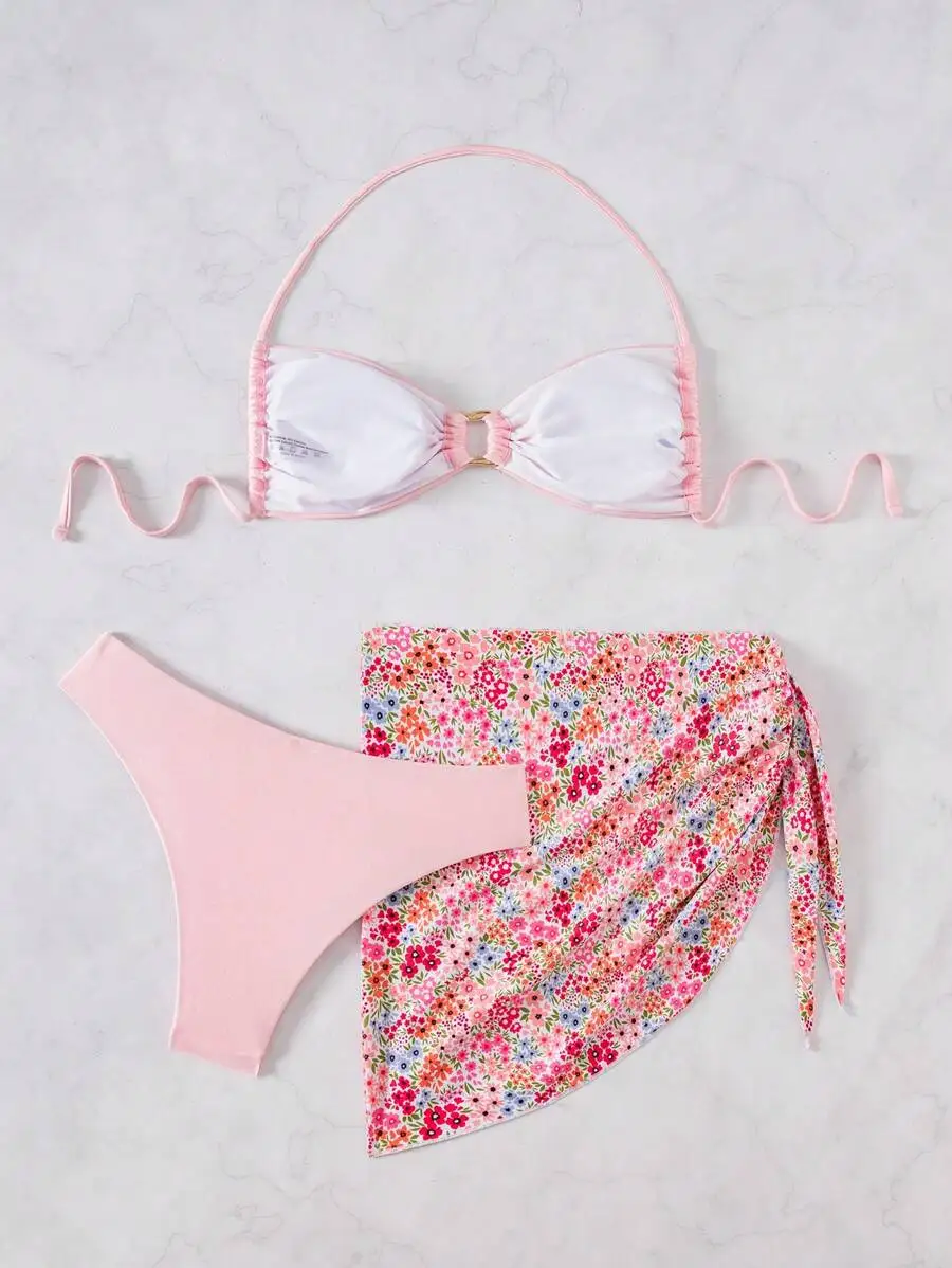 

Swimsuit 3-Piece Womens Swimsuit Ring Detail Side Cut Out Set With Floral Skirt And Pink Top