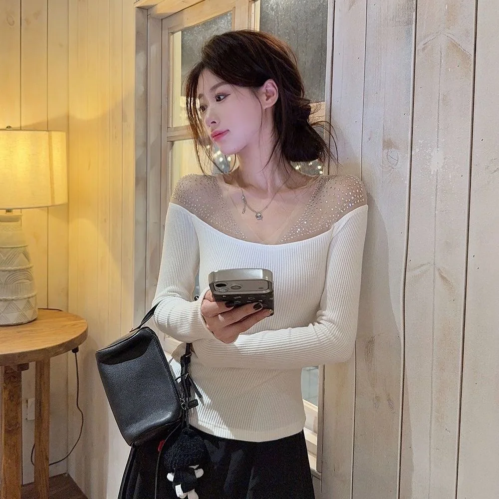 

Корейская женская футболка с длинным рукавом, открытыми плечами, кружевными вставками, высококачественная, для повседневной носки, приталенная, однотонная.