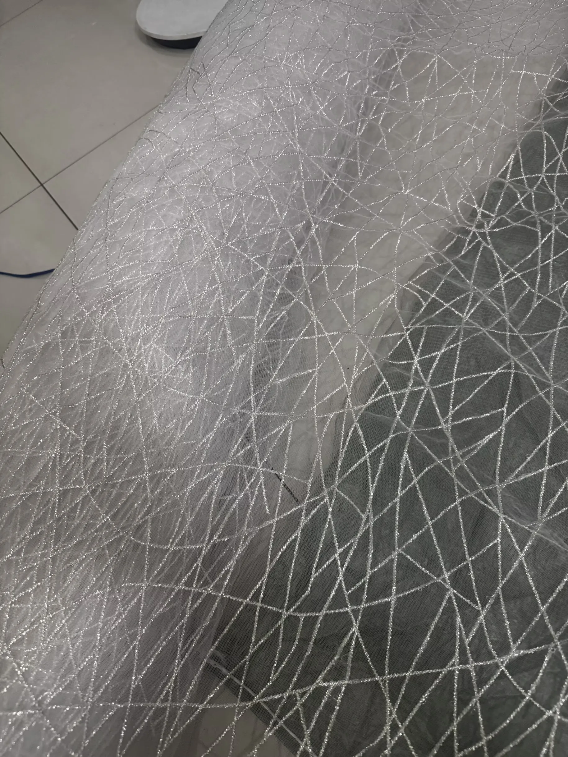 Shinny Simple Clutter Striped Embroidered Silver Boning Line Lace Fabric Headpiece Decoration for Bridal Wedding Dress Material