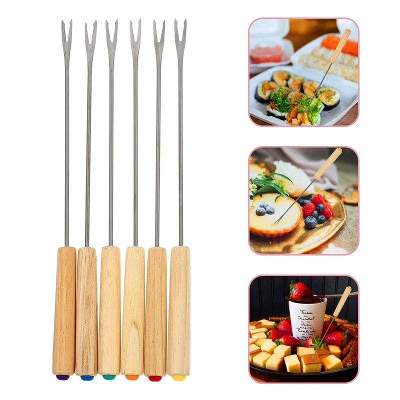 Juego de 6 Tenedores para Chocolate con Mango de Madera, Tenedores de Acero Inoxidable para Queso y Fondue, Resistentes al Calor, para Frutas, Postres y Otras Delicias