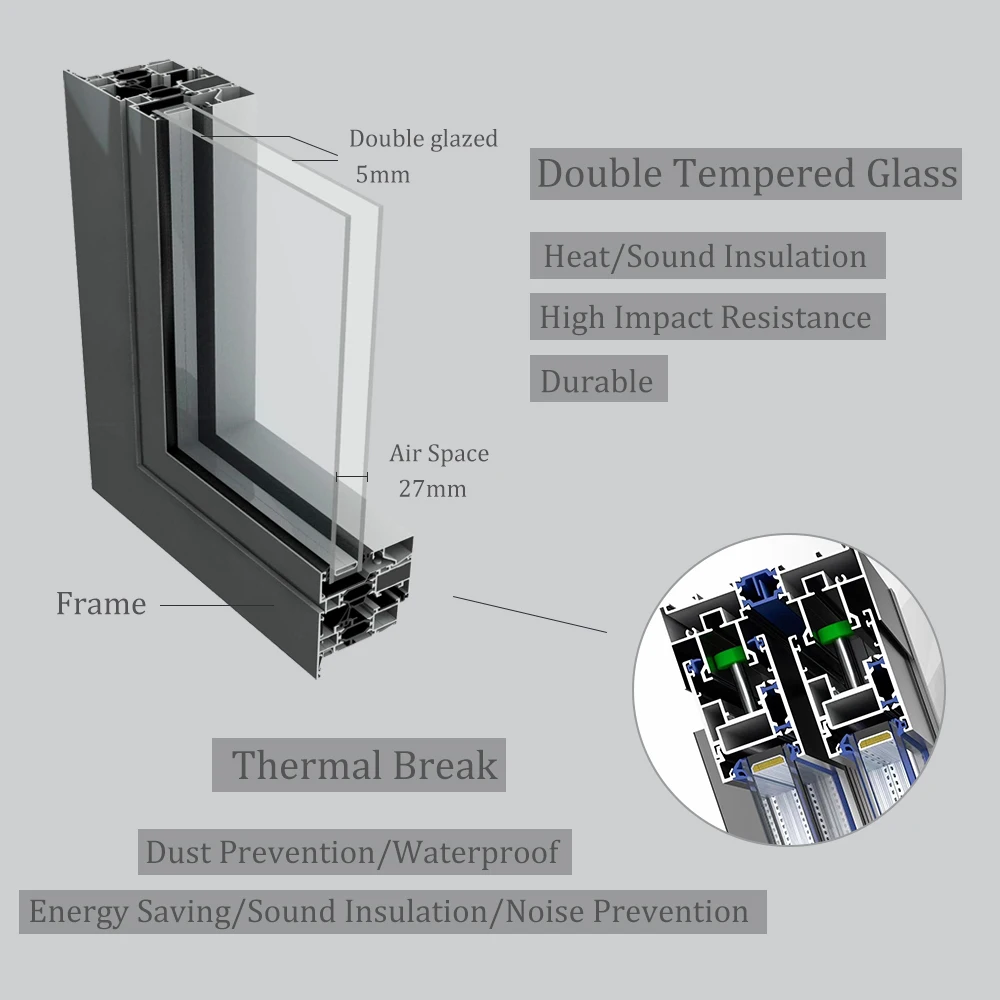 Sixinalu-puerta plegable de vidrio templado de doble acristalamiento, marco de aleación de perfil de aluminio, rotura térmica de 1,8mm, puerta de